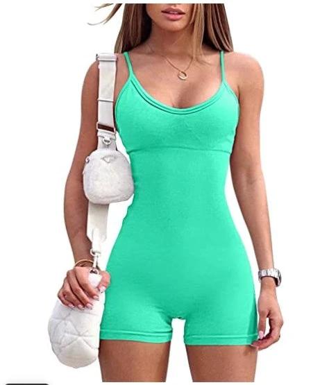 Mandotos women's spaghetti strap shorts jumpsuit for sports, yoga, and workout, featuring a tight, fashionable fitness romper.