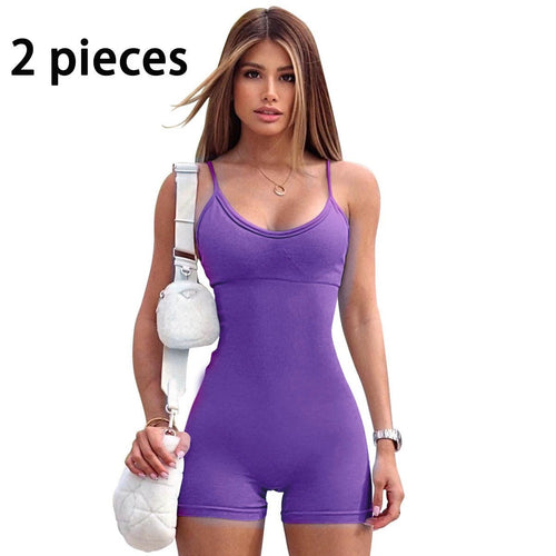 Mandotos women's spaghetti strap shorts jumpsuit for sports, yoga, and fitness, featuring a tight fit and stylish fashion design.