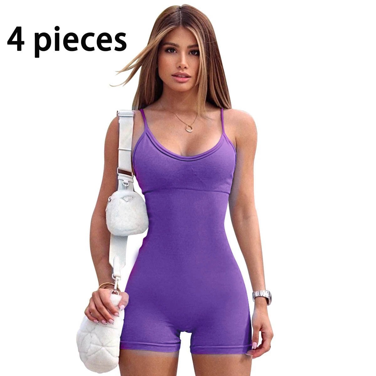 Mandotos women's spaghetti strap shorts jumpsuit for sports, yoga, and fitness, featuring a fitted and comfortable workout romper.