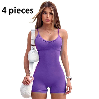 Mandotos women's spaghetti strap shorts jumpsuit for sports, yoga, and fitness, featuring a fitted and comfortable workout romper.