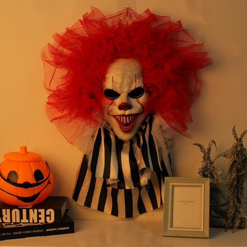 Mandotos Halloween horror clown wreath with spooky decorations, perfect for frightful door decor during Halloween celebrations.