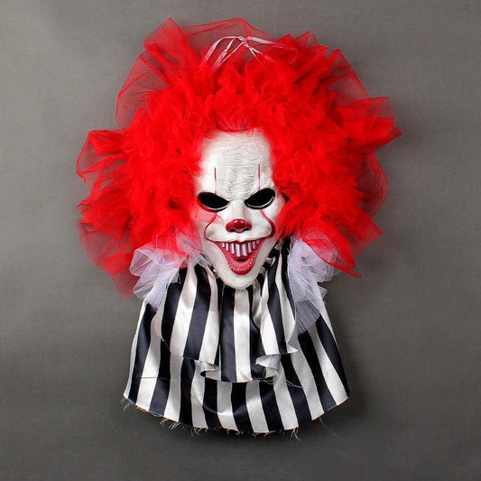 Mandotos Halloween horror clown wreath with spooky decorations, perfect for frightful door decor during Halloween festivities.