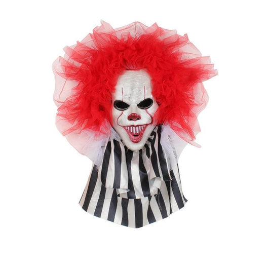 Mandotos Halloween horror clown wreath with spooky face and vibrant colors, perfect for frightful door decor during Halloween.
