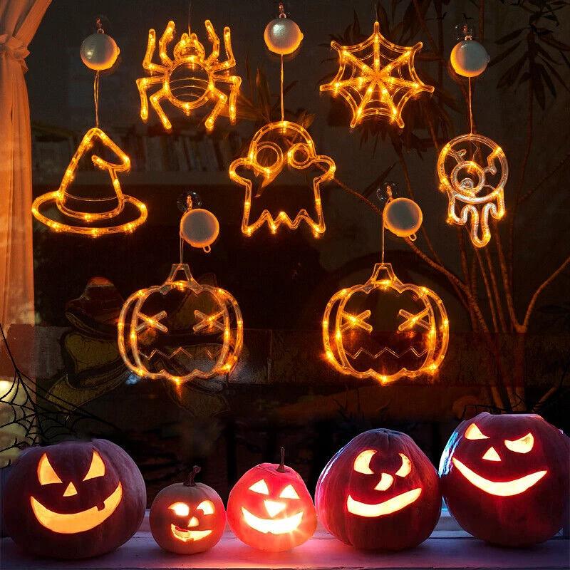 Mandotos Halloween LED window lights featuring spooky pumpkin, spider, and ghost designs for festive holiday decor.