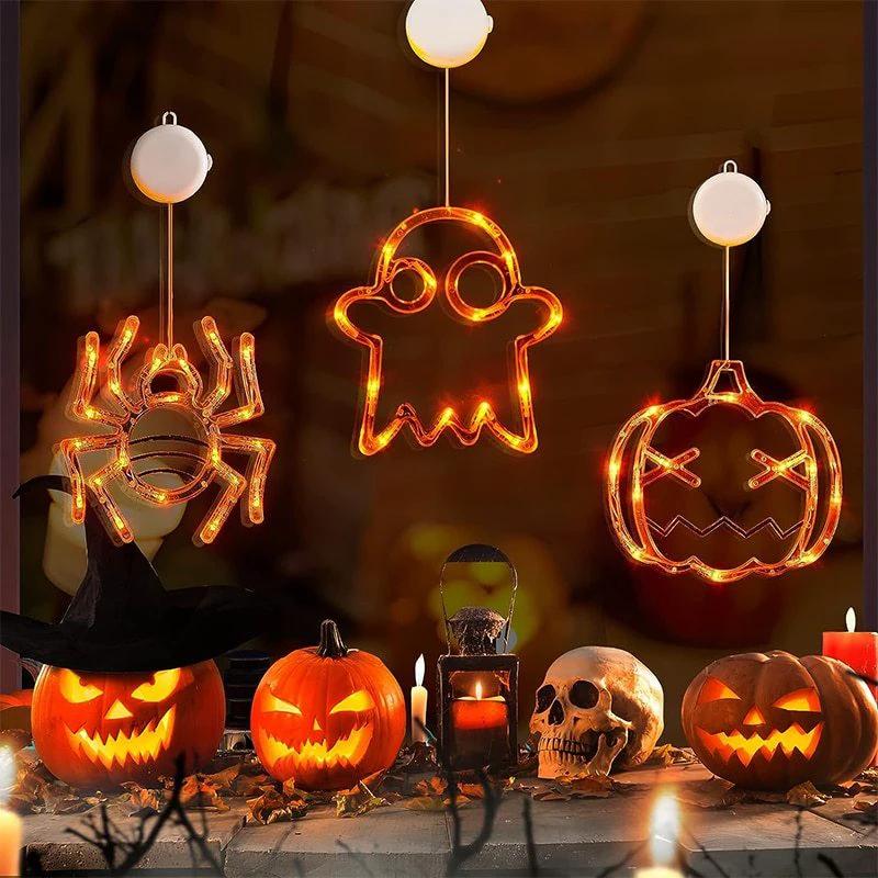 Mandotos Halloween LED window lights featuring spooky pumpkin, spider, and ghost designs for festive holiday decor.