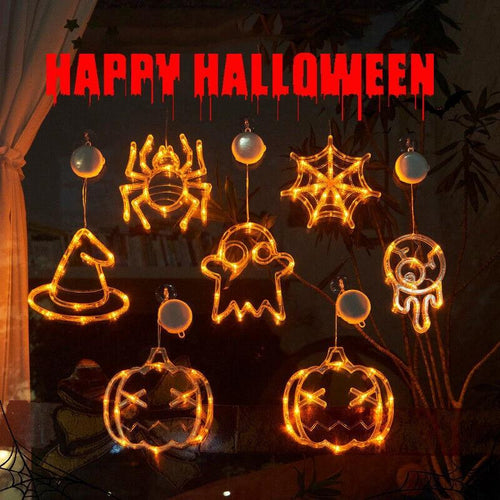 Mandotos Halloween LED window lights with spooky pumpkin, spider, and ghost designs for festive holiday decoration.