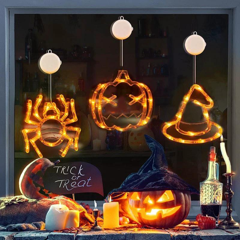 Mandotos Halloween LED window lights featuring spooky pumpkin, spider, and ghost designs for festive decor.