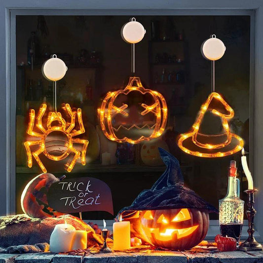 Mandotos Halloween LED window lights featuring spooky pumpkin, spider, and ghost designs for festive decor.