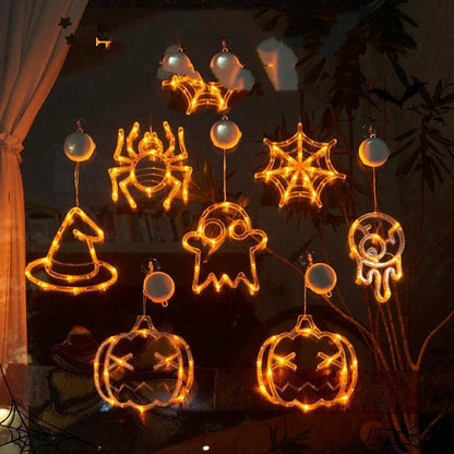 Mandotos Halloween LED window lights with spooky pumpkin, spider, and ghost designs for festive home decoration.