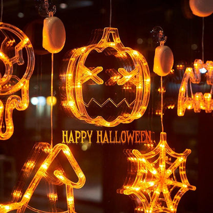 Mandotos Halloween LED window lights with spooky pumpkin, spider, and ghost designs, perfect for festive Halloween decorations.