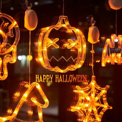 Mandotos Halloween LED window lights with spooky pumpkin, spider, and ghost designs, perfect for festive Halloween decorations.