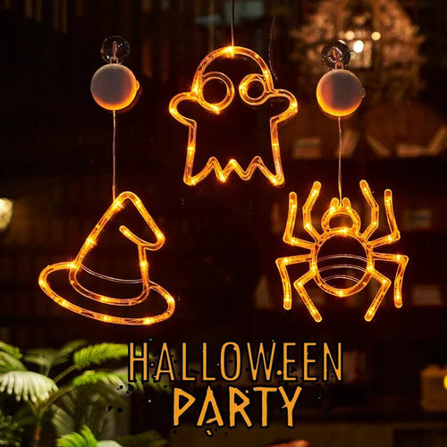 Mandotos Halloween LED window lights featuring spooky pumpkin, ghost, and spider designs for festive holiday decor.