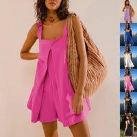 Mandotos square collar jumpsuit with summer shorts and suspender skirt design, casual and stylish for warm weather.