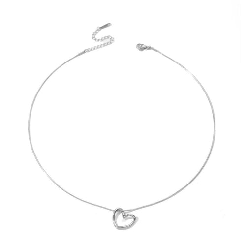 Stainless steel twist hollow heart necklace by MANDOTOS, featuring a delicate clavicle chain with a twisted hollow heart pendant.