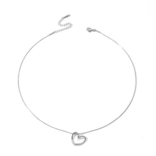 Stainless steel twist hollow heart necklace by MANDOTOS, featuring a delicate clavicle chain with a twisted hollow heart pendant.