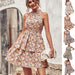 Mandotos summer printed halter dress with boho backless ruffles and A-line silhouette, perfect for beach and casual wear.