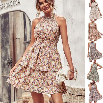 Mandotos summer printed halter dress with boho backless ruffles and A-line silhouette, perfect for beach and casual wear.
