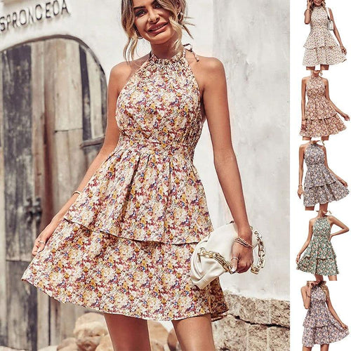 Mandotos summer printed halter dress with boho backless ruffles and A-line silhouette, perfect for beach and casual wear.
