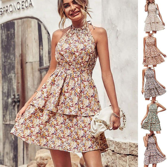 Mandotos summer printed halter dress with boho backless ruffles and A-line silhouette, perfect for beach and casual wear.