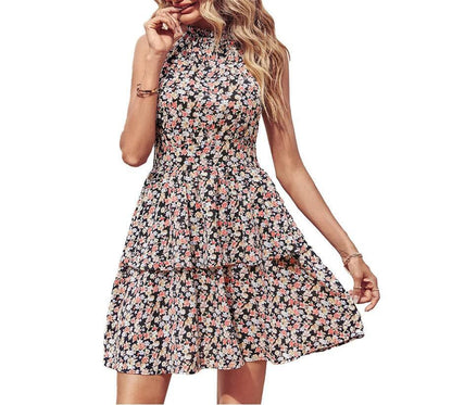 Mandotos summer printed halter dress with boho style, backless design, ruffled A-line silhouette, perfect for beach and casual wear