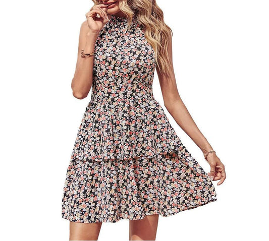 Mandotos summer printed halter dress with boho style, backless design, ruffled A-line silhouette, perfect for beach and casual wear