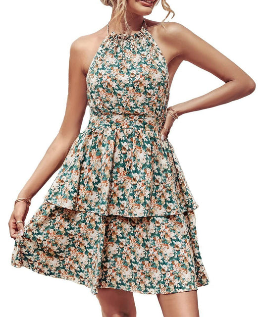 Mandotos summer printed halter dress for women, boho backless ruffled A-line beach dress with vibrant floral pattern.