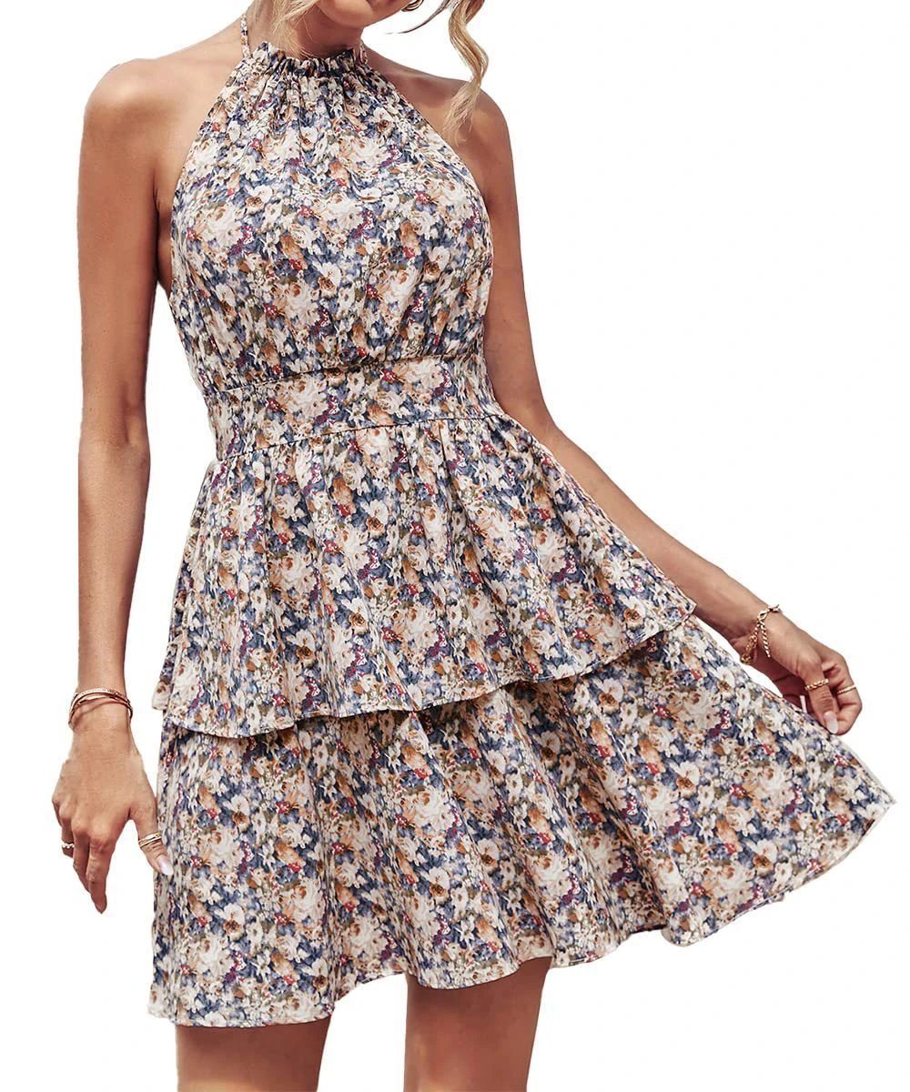 Mandotos summer printed halter dress with boho backless design, ruffled A-line beach dress for women.