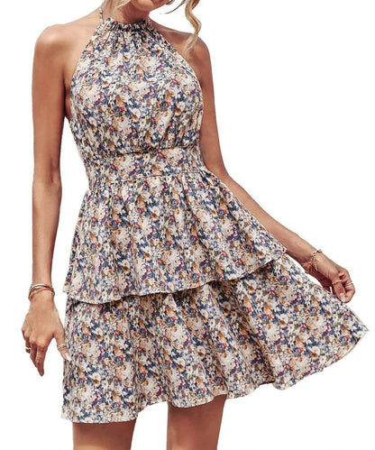 Mandotos summer printed halter dress with boho backless design, ruffled A-line beach dress for women.