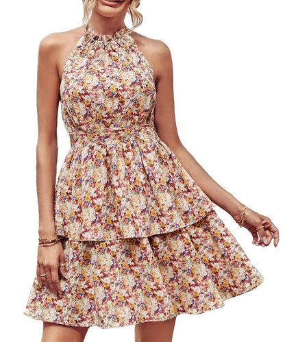 Mandotos summer printed halter dress for women, boho backless ruffled A-line beach dress with vibrant floral pattern.