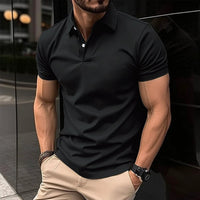 Men's summer short sleeve polo shirt by Mandotos in solid color with button lapel, casual and comfortable for warm weather.