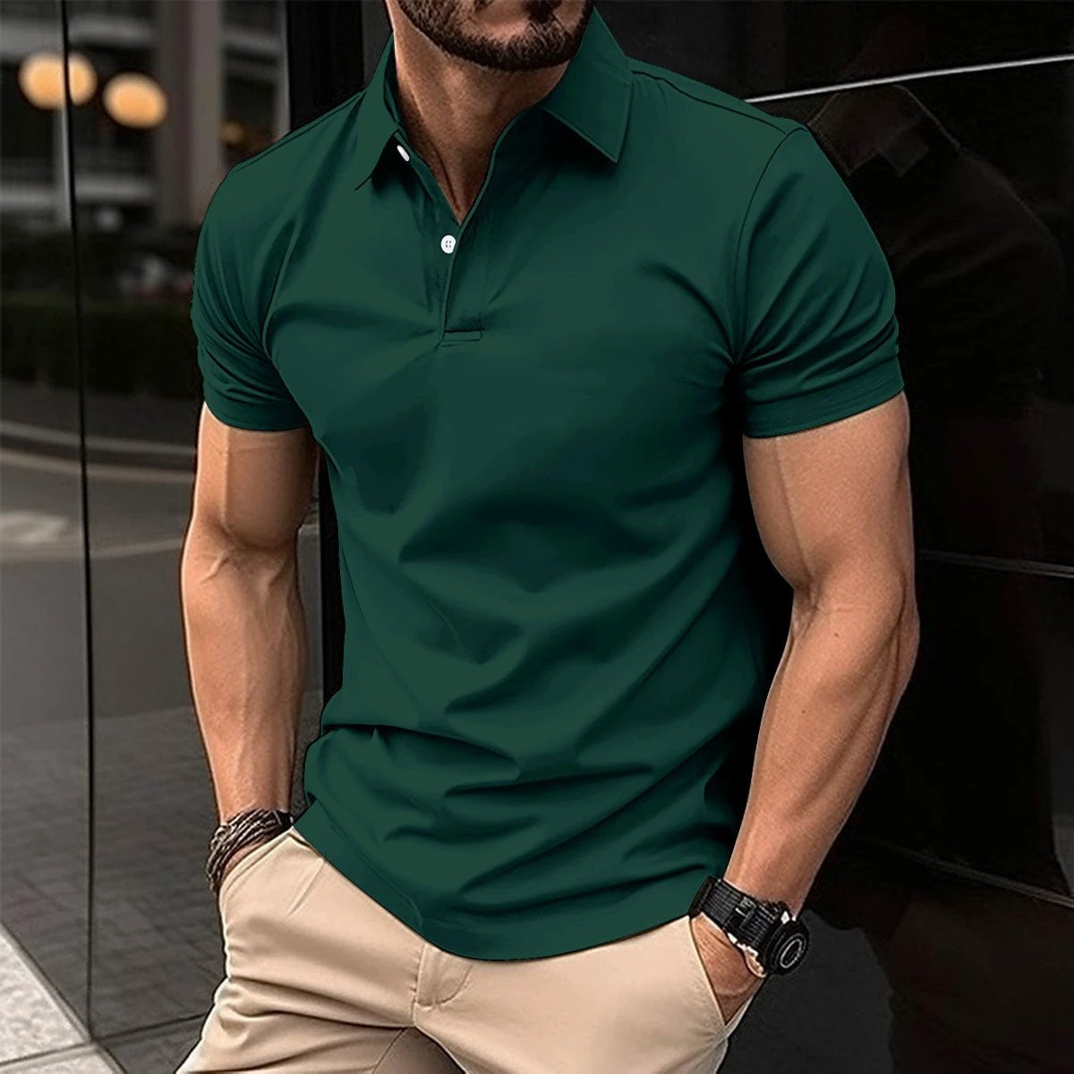 Mandotos men's summer short sleeve polo shirt in solid color with button lapel, casual men's button top for warm weather.