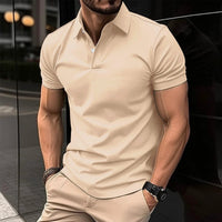 Men's solid color short sleeve polo shirt by MANDOTOS, featuring a button lapel and classic design for summer wear.