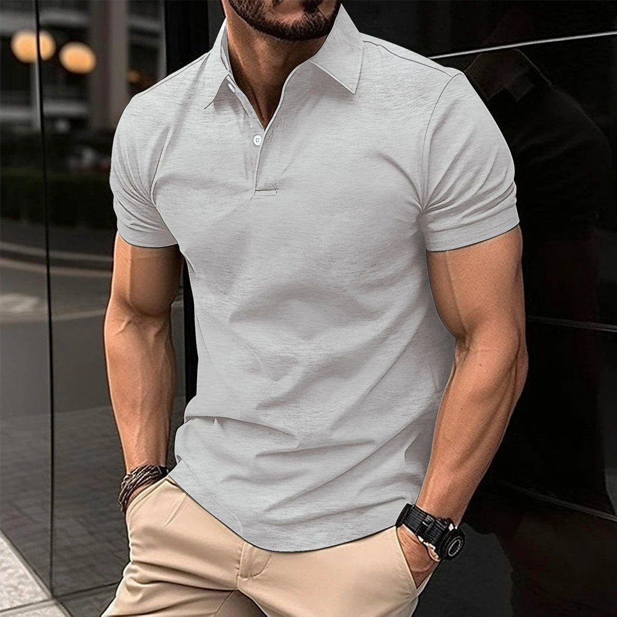 Mandotos men's summer short sleeve polo shirt in solid color with button lapel and classic fit, displayed on a plain background.