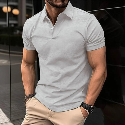 Mandotos men's summer short sleeve polo shirt in solid color with button lapel and classic fit, displayed on a plain background.