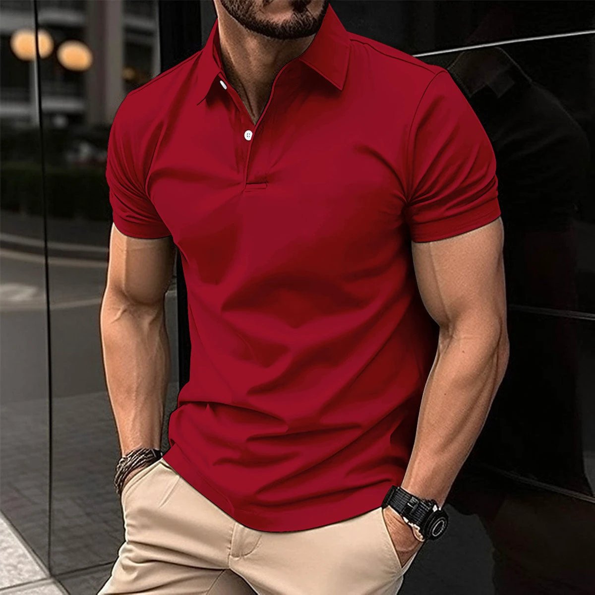 Men's solid color short sleeve polo shirt by MANDOTOS with button lapel and classic collar, perfect for summer wear.