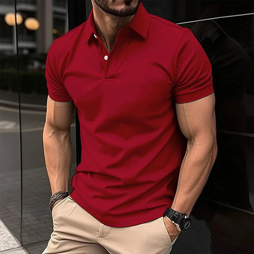 Men's solid color short sleeve polo shirt by MANDOTOS with button lapel and classic collar, perfect for summer wear.
