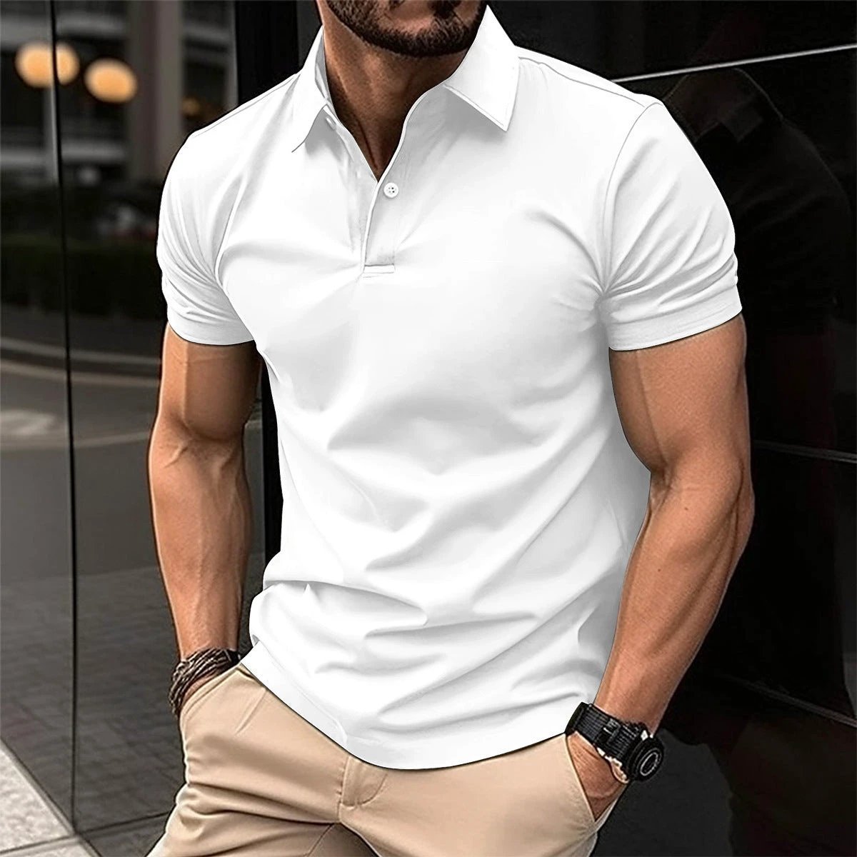 Men's solid color short sleeve polo shirt by MANDOTOS with button lapel, casual summer top, made from lightweight fabric.