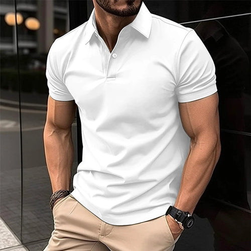 Men's solid color short sleeve polo shirt by MANDOTOS with button lapel, casual summer top, made from lightweight fabric.