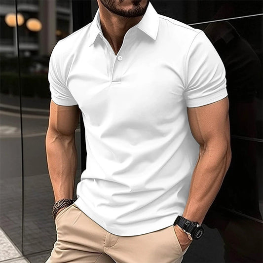 Men's solid color short sleeve polo shirt by MANDOTOS with button lapel, casual summer top, made from lightweight fabric.