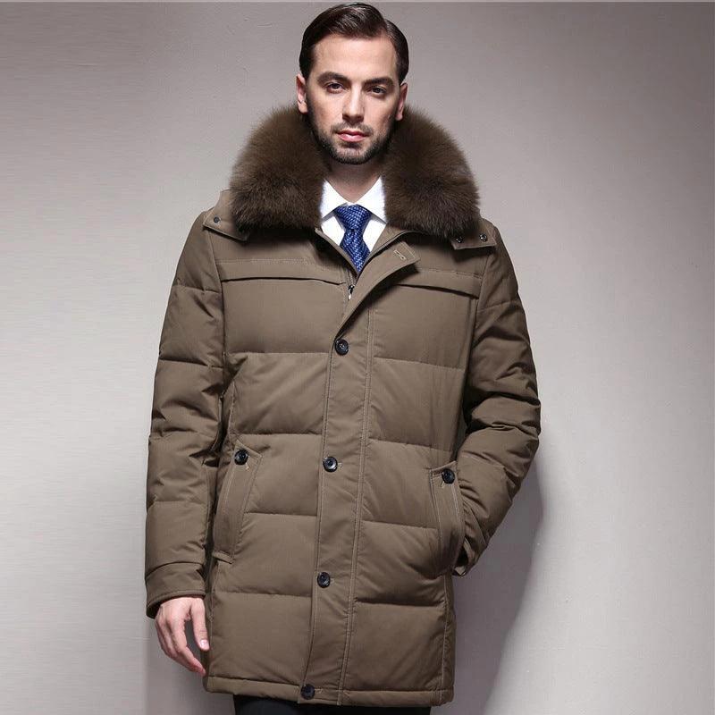 Mandotos ThermalGuard men's down jacket showing a lightweight, ultra-warm insulated winter jacket with a high collar and down filling.