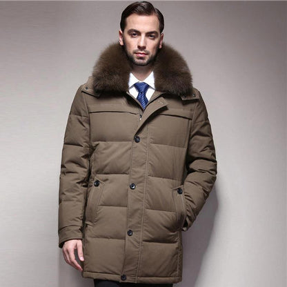Mandotos ThermalGuard men's down jacket showing a lightweight, ultra-warm insulated winter jacket with a high collar and down filling.
