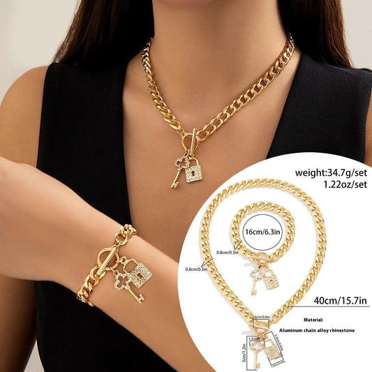 Mandotos thick chain lock and key pendant necklace, trendy fashion jewelry piece with silver-tone design and detailed charm.