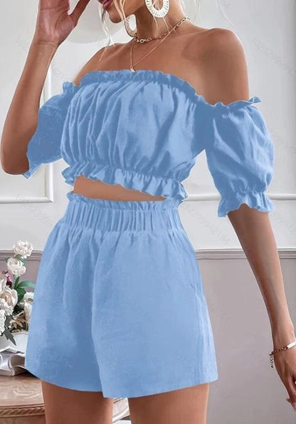 Two-piece women's short sleeve shorts set by MANDOTOS, featuring casual short-sleeve tops and matching shorts for comfortable summer wear.