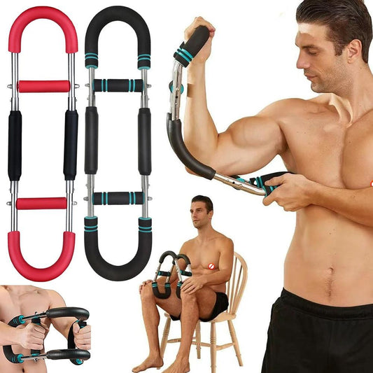 Mandotos U-shaped arm strengthener and multi-functional chest trainer for home gym workouts, showing the compact exercise device.
