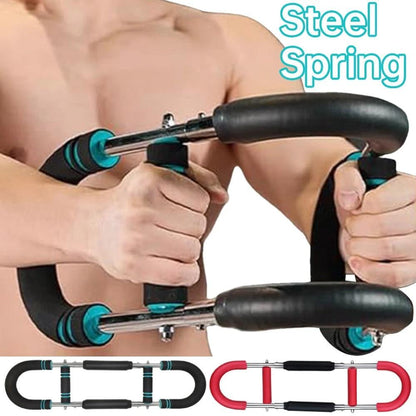 Mandotos U-shaped arm strengthener and multi-functional chest trainer for home gym workouts, showing the device in use.
