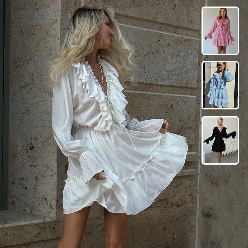 Mandotos V-neck pleated ruffle dress with Y2K style, flared short sleeves, and a fitted waist, perfect for casual or party wear.