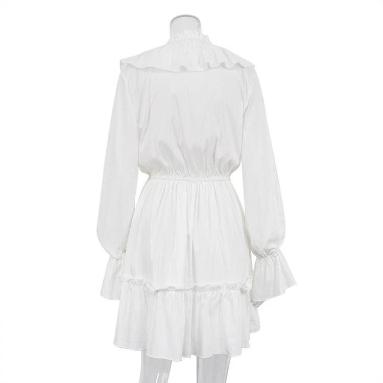 Mandotos V-neck pleated ruffle dress with flared sleeves, short Y2K-inspired fashion look, stylish and feminine design