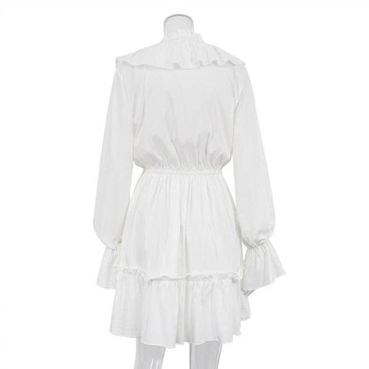 Mandotos V-neck pleated ruffle dress with flared sleeves, short Y2K-inspired fashion look, stylish and feminine design