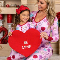 Matching Valentine's Day love print pajamas for parent and child by MANDOTOS, featuring cozy, festive sleepwear for both.