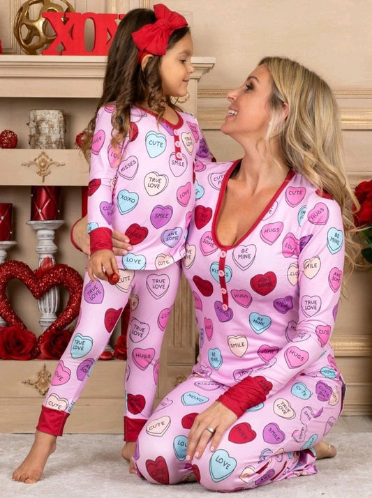 Matching Valentine's Day love print pajamas set for parent and child by MANDOTOS, featuring cozy, festive holiday sleepwear.